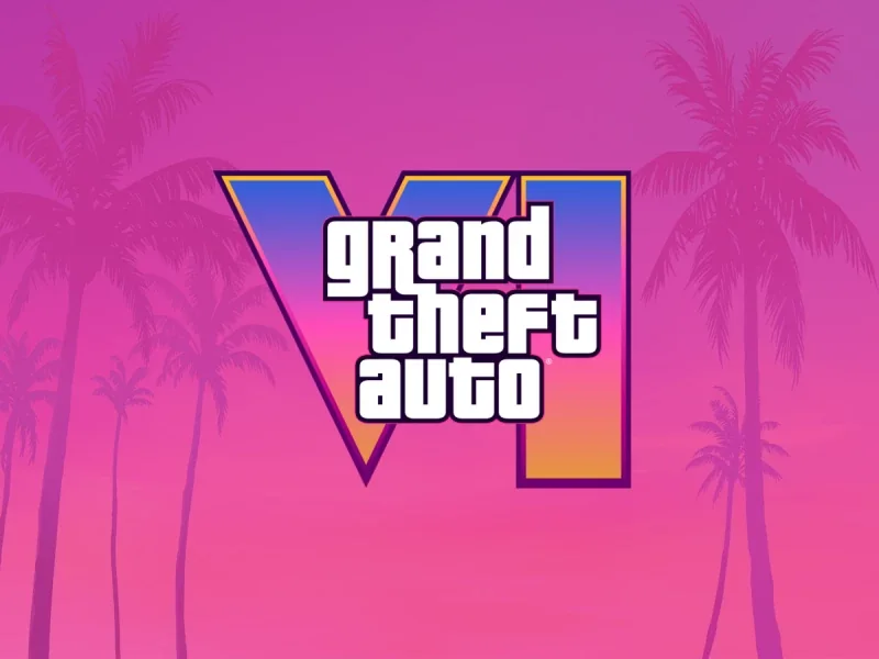 Grand Theft Auto VI logo against a pink sunset and palm trees