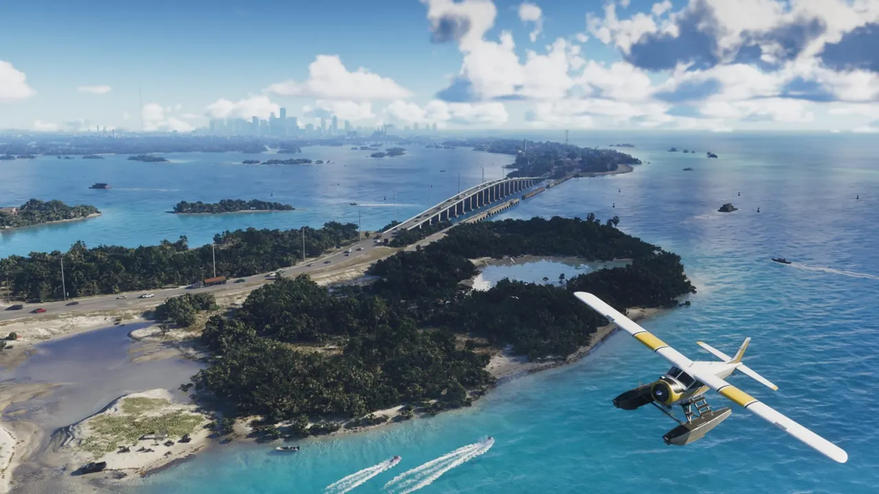 Official GTA VI screenshot of a seaplane over the islands and turquoise water of the Leonida Keys