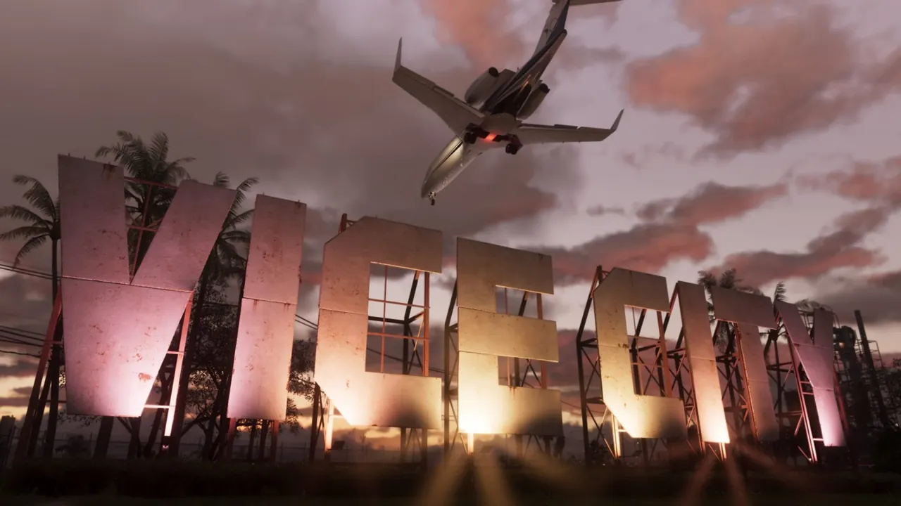 Official GTA VI screenshot of a plane flying over the Vice City sign