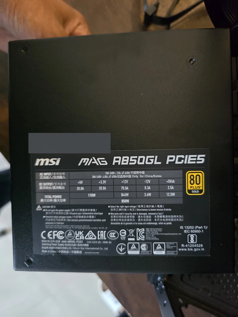 MSI MAG A850GL PCIE5 specification label with serial sticker hidden
